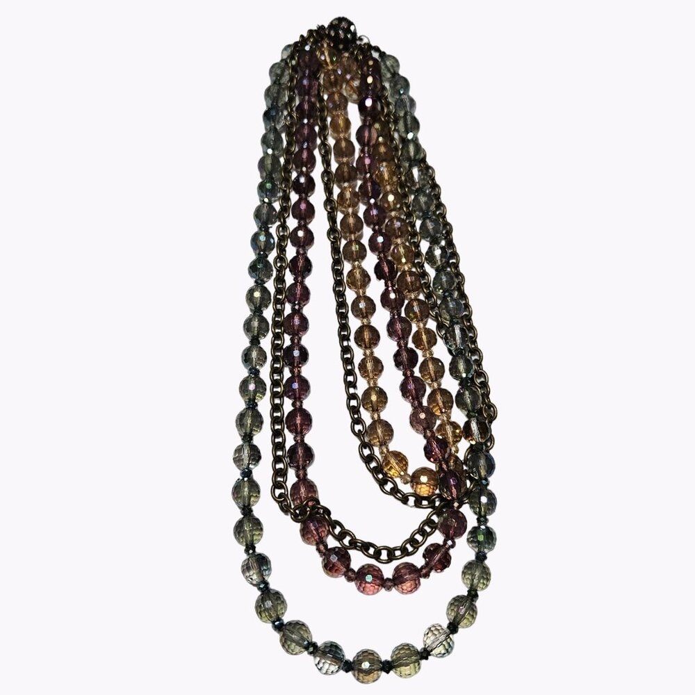 Retro Beaded Multi Strand Chain Necklace Rhinestone Ball Magnetic Closure Women